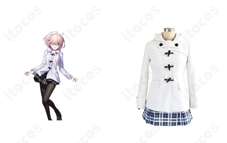 FGO マシュ・キリエライトのローソンコラボ冬服コスプレ衣装・商品正面。コートとスカートの全体バランスが分かる画像。
