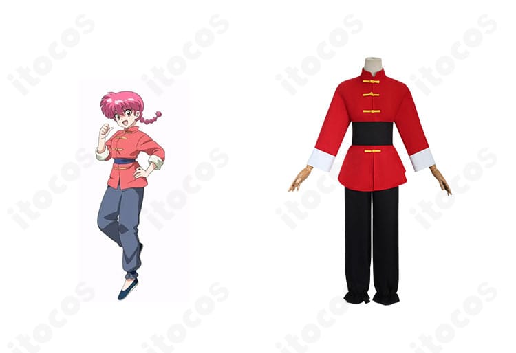 らんま1/2 早乙女乱馬のチャイナ服コスプレ衣装を着用した正面ショットと衣装全景。立ち襟と腰帯まで高再現の仕上がり。