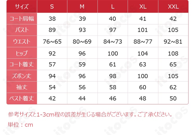 Eden TRIP衣装のサイズ表と寸法一覧。S〜XLおよびオーダーメイド対応の目安