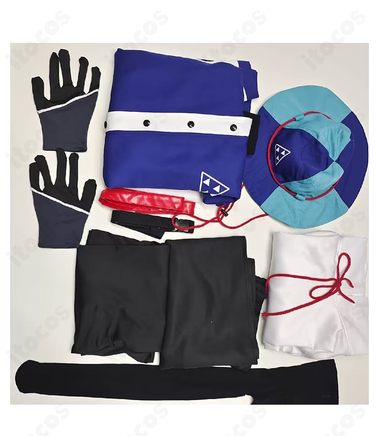 ブルーアーカイブ 各務チヒロ キャンプ衣装のセット内容一覧。コート、パーカー、インナー、スカート、太もも飾り、タイツ、帽子、手袋、ベルトを並べた構成画像。