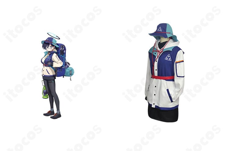 ブルーアーカイブ 各務チヒロのキャンプ衣装コスプレ。役柄と衣装を忠実に再現した全身イメージで、配色とレイヤー感が分かる画像。