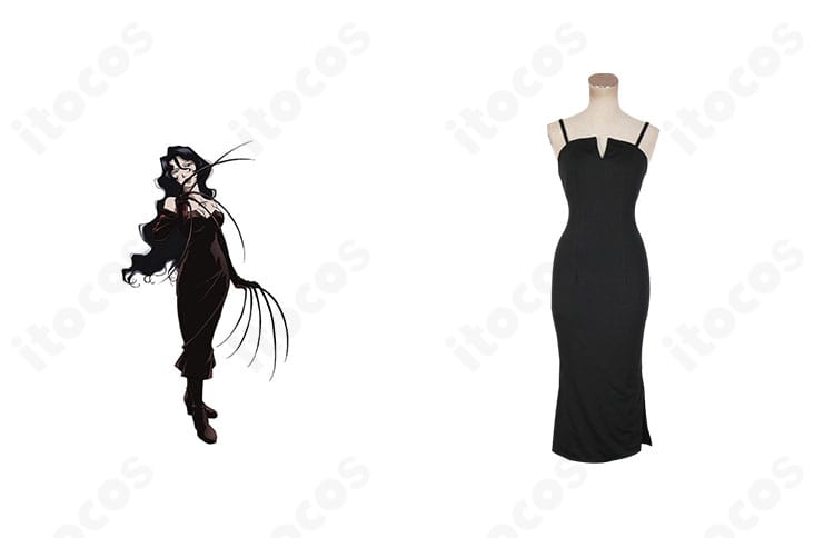 鋼の錬金術師 ラストのコスプレ衣装。キャラクターイメージとの融合カットで、漆黒ドレスと手袋の再現度を示す正面全身。
