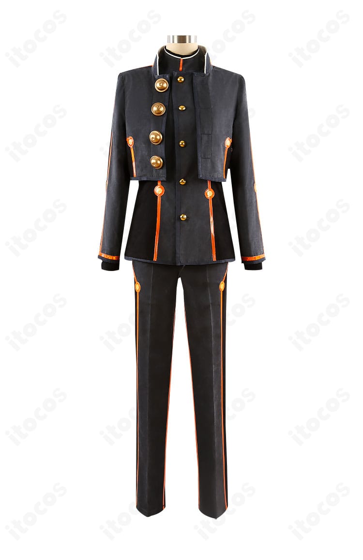 Fate/Grand Order 岸波白野（ザビ男）コスプレ衣装の正面ディテール。襟元と前立てのライン、装飾の質感が分かるアップ。