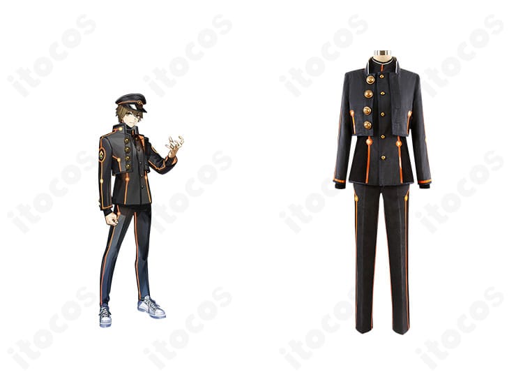 Fate/Grand Order 岸波白野（ザビ男）コスプレ衣装の正面全体像とキャラクター参考。コートと制服風シルエットを高再現。