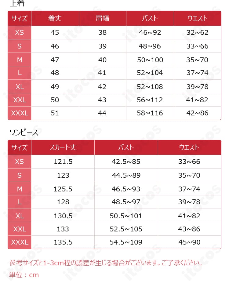 サイズガイド。原神 アルレッキーノ コスプレ衣装の寸法目安と選び方の図表