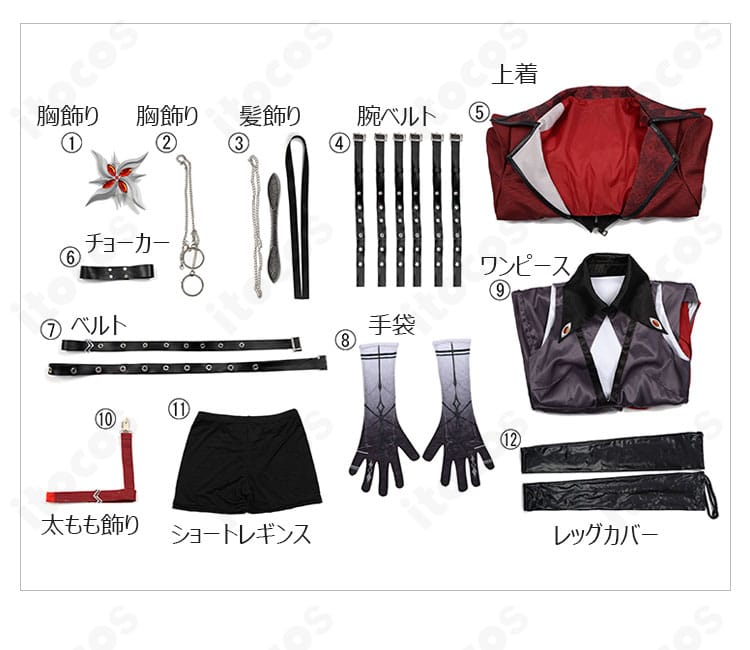 セット内容の展示。上着・ワンピース・レギンス・アクセサリー類を並べた全パーツ一覧