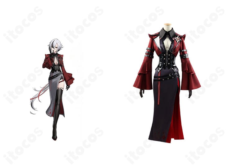 商品正面とキャラクターのコラボ画像。原神 アルレッキーノの軍服風コートと装飾を再現したフルセットの全体像