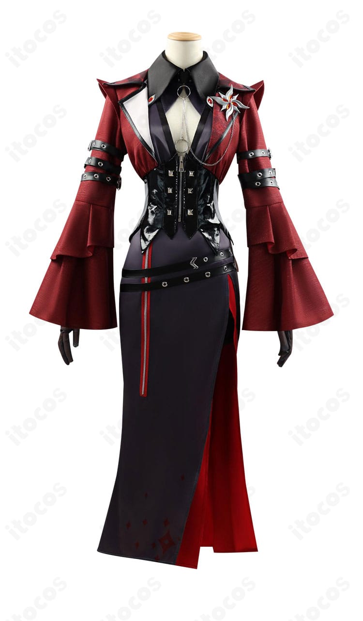 商品正面図。原神 アルレッキーノ コスプレ衣装のシルエットと胸元・ウエストのディテールが分かる正面カット