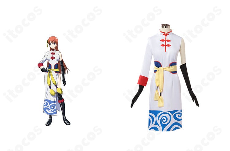 劇場版 銀魂 完結篇 神楽（5年後）コスプレ衣装の正面とキャラ比較。ワンピースと装飾を高再現で示す構成画像