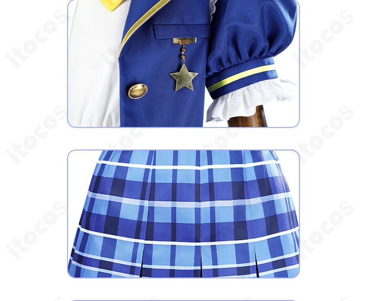 胸元とスカートの装飾ディテール。蝶ネクタイ下の意匠とスカートのラインを強調