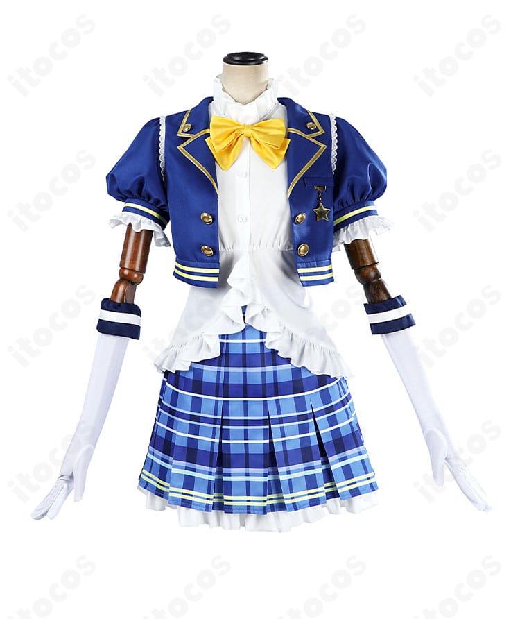 スクフェス2モデルのコスプレ衣装正面ディテール。胸元から裾までの装飾を忠実に再現