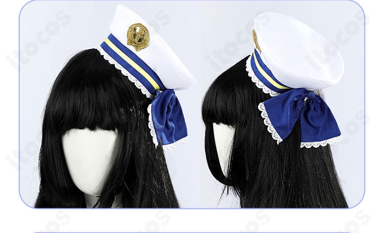 付属の帽子ディテール。クラウンの形状とリボン装飾、縁取りの仕上げが分かる