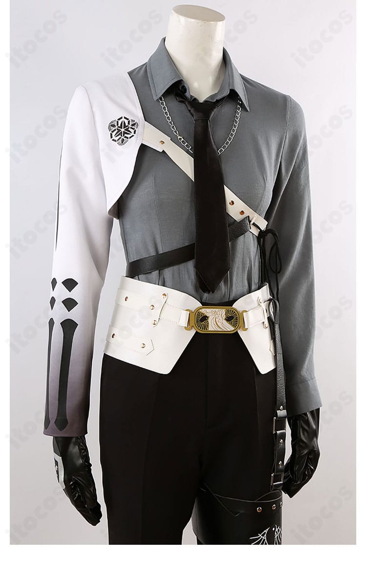 ネクタイとベルトの意匠。結び目の形とコルセットベルトの金具配置が分かるディテール。