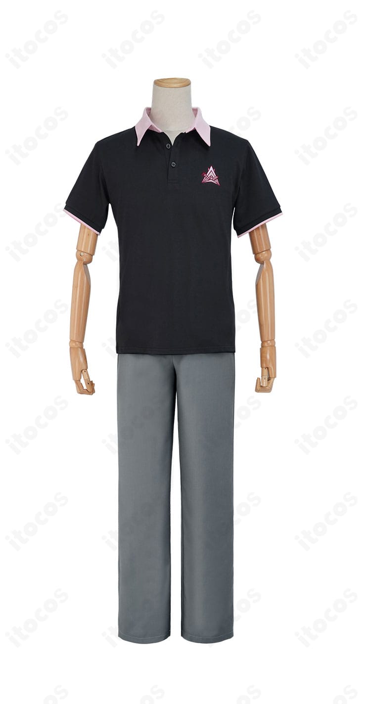 Free! 鮫柄学園 夏男子制服コスプレ衣装の正面全身。主要キャラクターの学園シーンを再現できる端正なデザイン