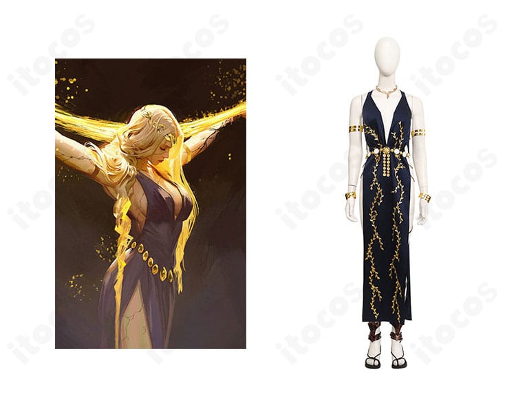 エルデンリング 永遠の女王マリカのコスプレ衣装とキャラクター比較。王冠とローブの質感まで再現した正面コーディネート例