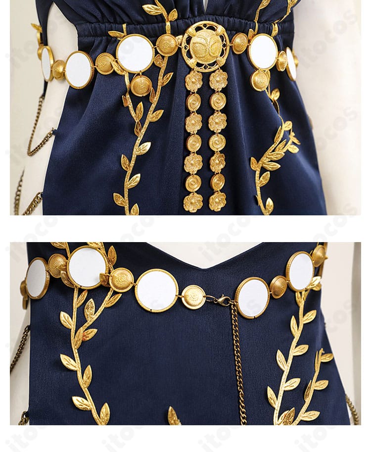 エルデンリング 永遠の女王マリカ コスプレ衣装の腰部装飾クローズアップ。ベルトの素材感と留め具仕様が分かる写真