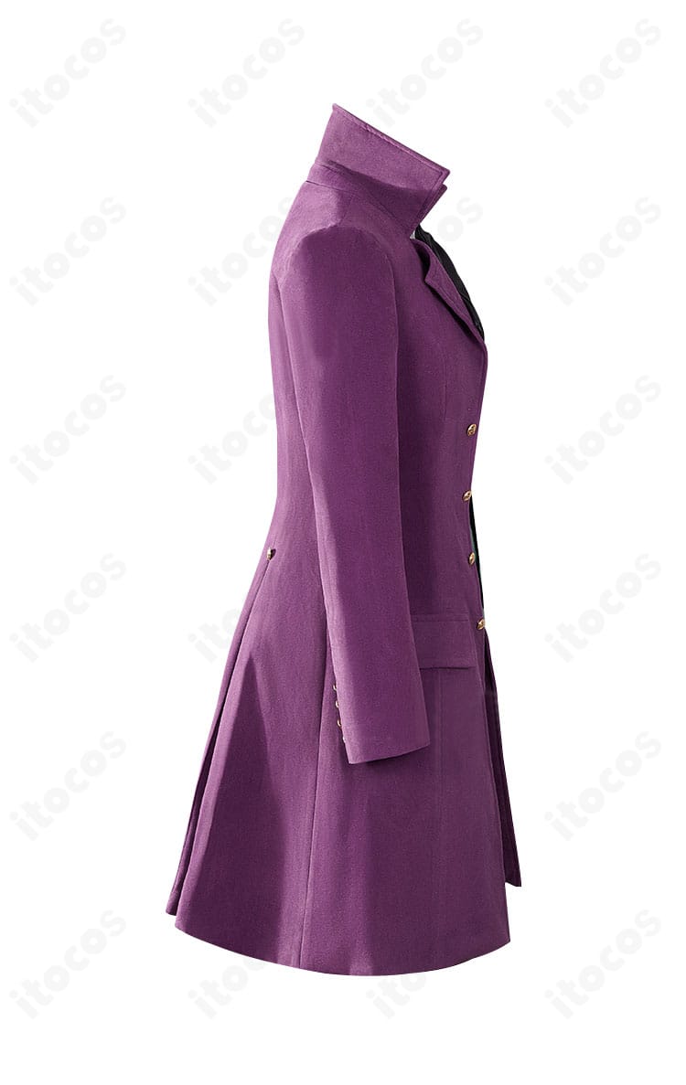 黒執事Ⅱ アロイス・トランシー衣装の側面。コートラインとスカーフの立体感、ベストのフィット感が分かるアングル。