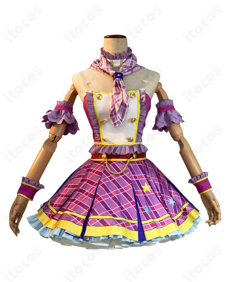 紫吹蘭コスプレ衣装 正面アップ。襟元とスカーフ、首飾りのディテールが分かる高再現デザイン。