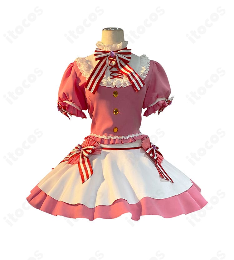 正面図の全体コーデ。スイートレストランの甘い配色とフリル感、星宮いちごらしい可愛さを再現したカフェ制服風デザイン。