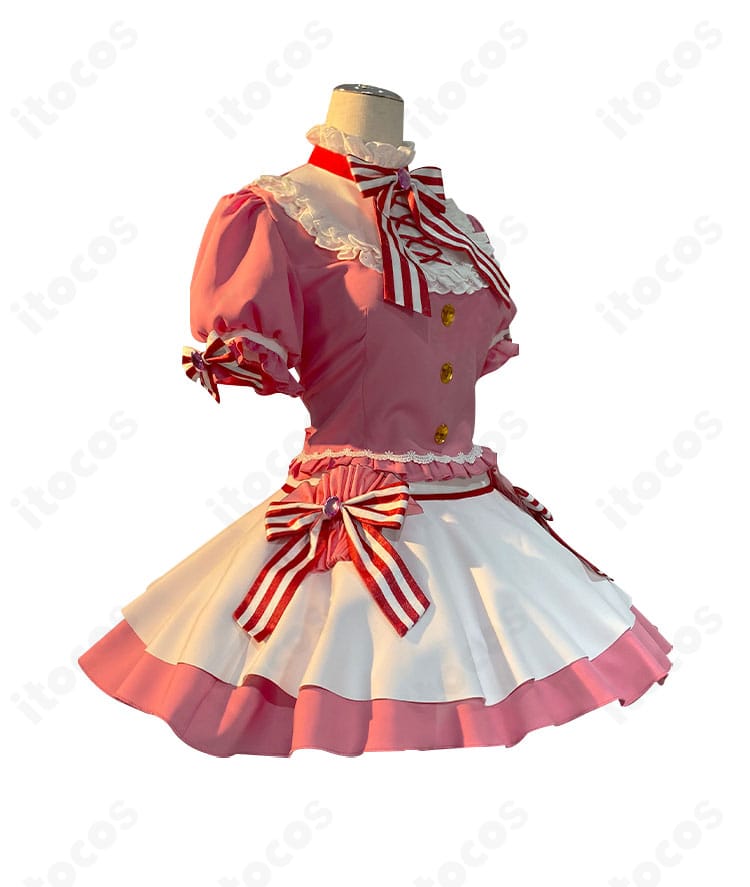 側面図でシルエットとフィット感を確認。スカートの広がりとリボン位置のバランスが見えるスイートレストラン衣装。