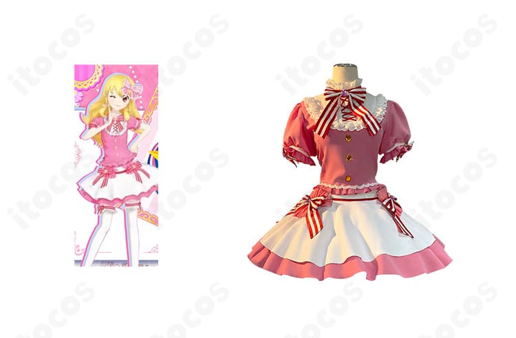 商品正面と星宮いちごのスイートレストラン衣装一式。トップスとスカート、大きなリボン装飾が分かるフロントビュー。