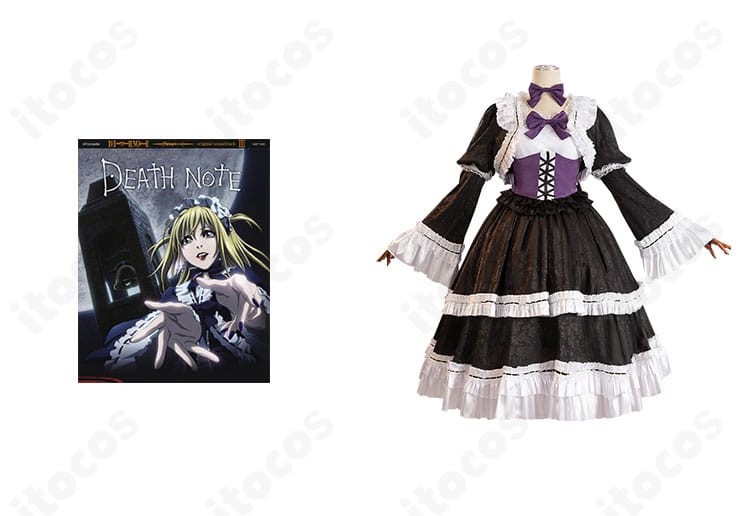 DEATH NOTE 弥海砂のコスプレ衣装正面とキャラクターが並ぶ画像。黒基調ゴシックロリータの再現度が高く、リボンとコルセットが強調されています。