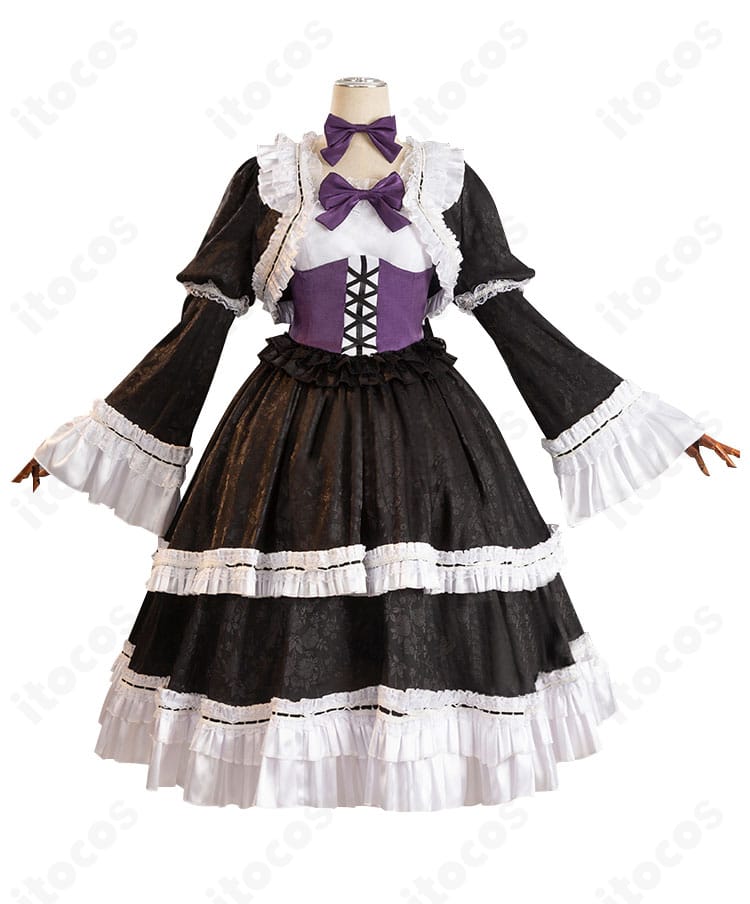 弥海砂モデルのコスプレ衣装を正面から。上着・ワンピース・胸元蝶結び・首飾りまでの全体構成と質感が分かるカット。