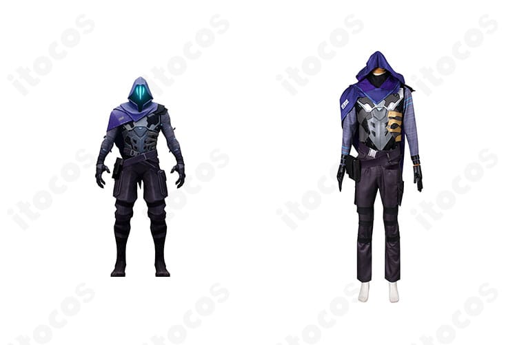 商品正面のVALORANT オーメン衣装とキャラクター画像。フードとマントのシルエットが分かる全体構成。