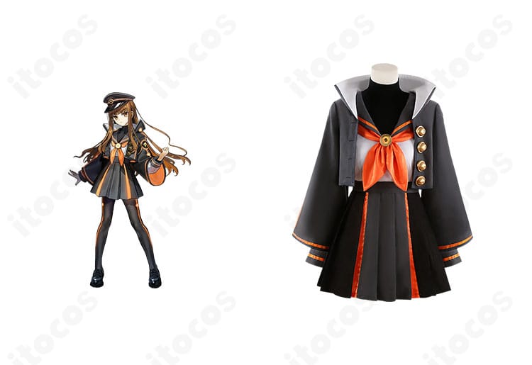 FGO 岸波白野（ザビ子）制服コスプレ衣装の正面全身とキャラクターイラストの融合カット。ブレザーとスカーフの再現度が分かる構図。