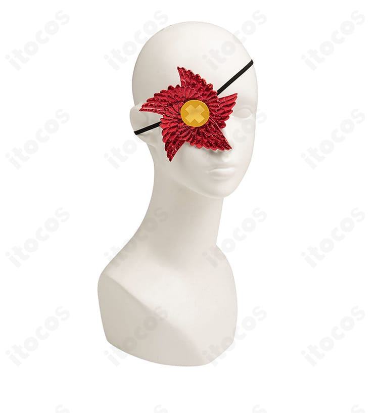 目飾り（アイマスク）ディテール。形状と表面仕上げ、固定構造が分かるクローズアップ