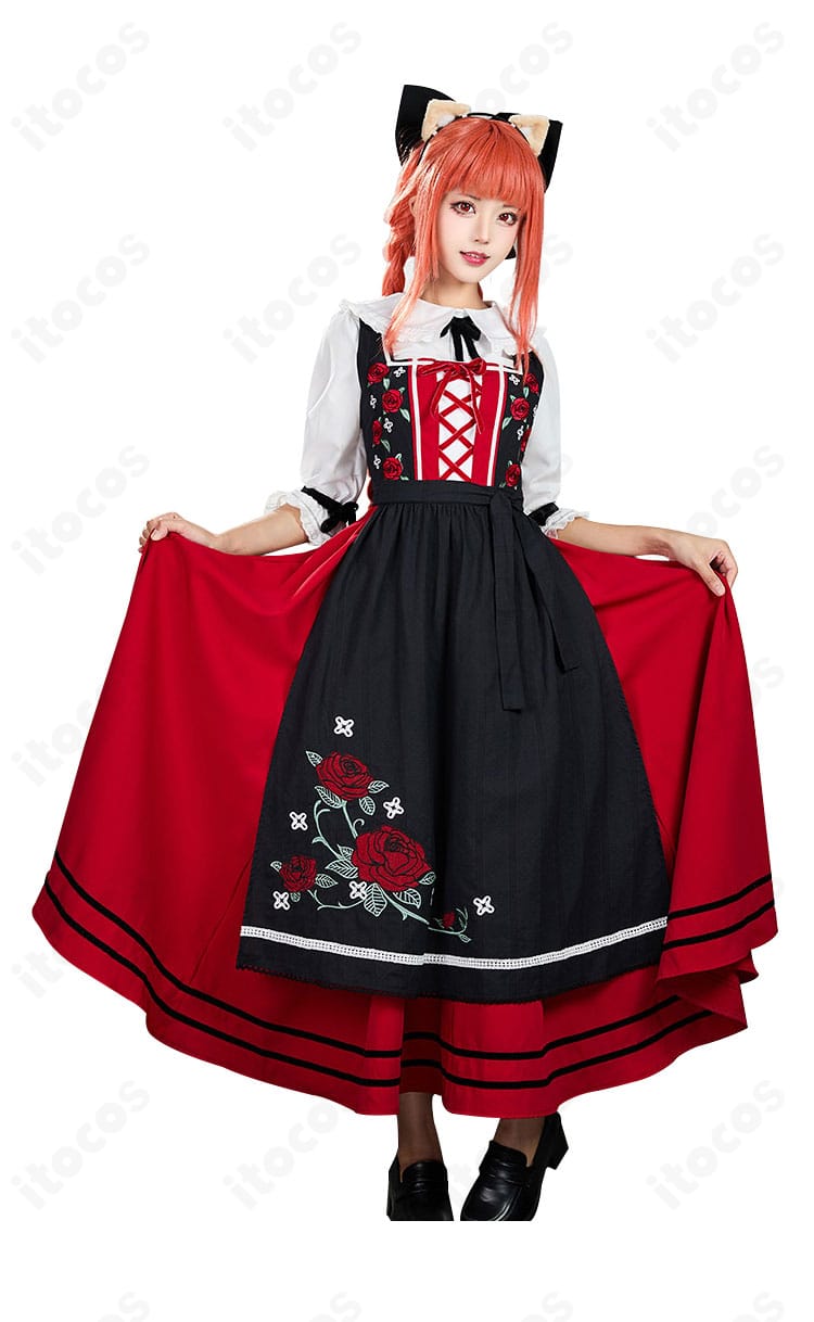 ホロ アルザス民族衣装コスプレの正面全身写真。ワンピースとエプロンのバランスが分かる。