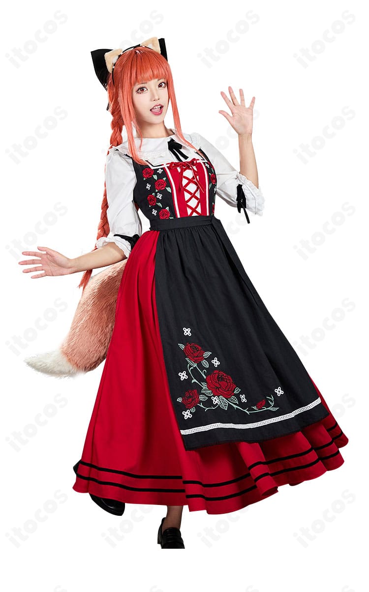 ホロ コスプレ衣装の側面写真。ウエストラインとスカートのボリューム、リボン位置のディテール。