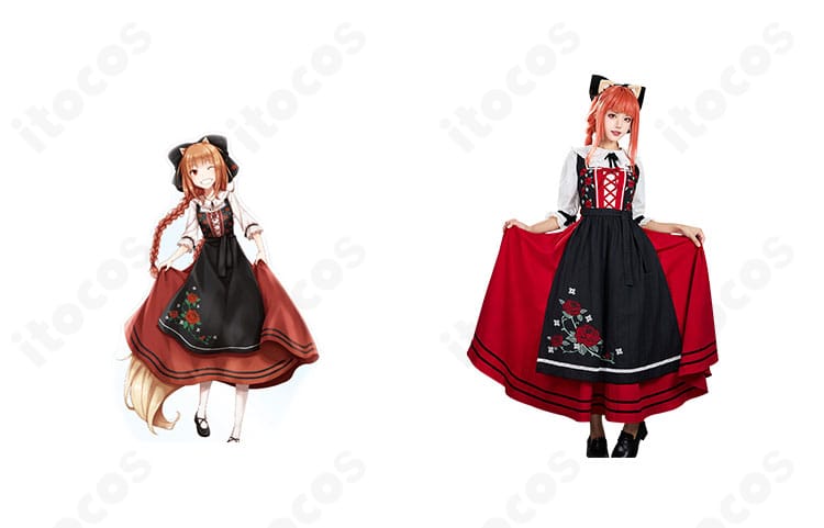 ホロのアルザス民族衣装コスプレをキャラ画像と並べた正面比較。シルエットと色味の再現度が分かる構図。