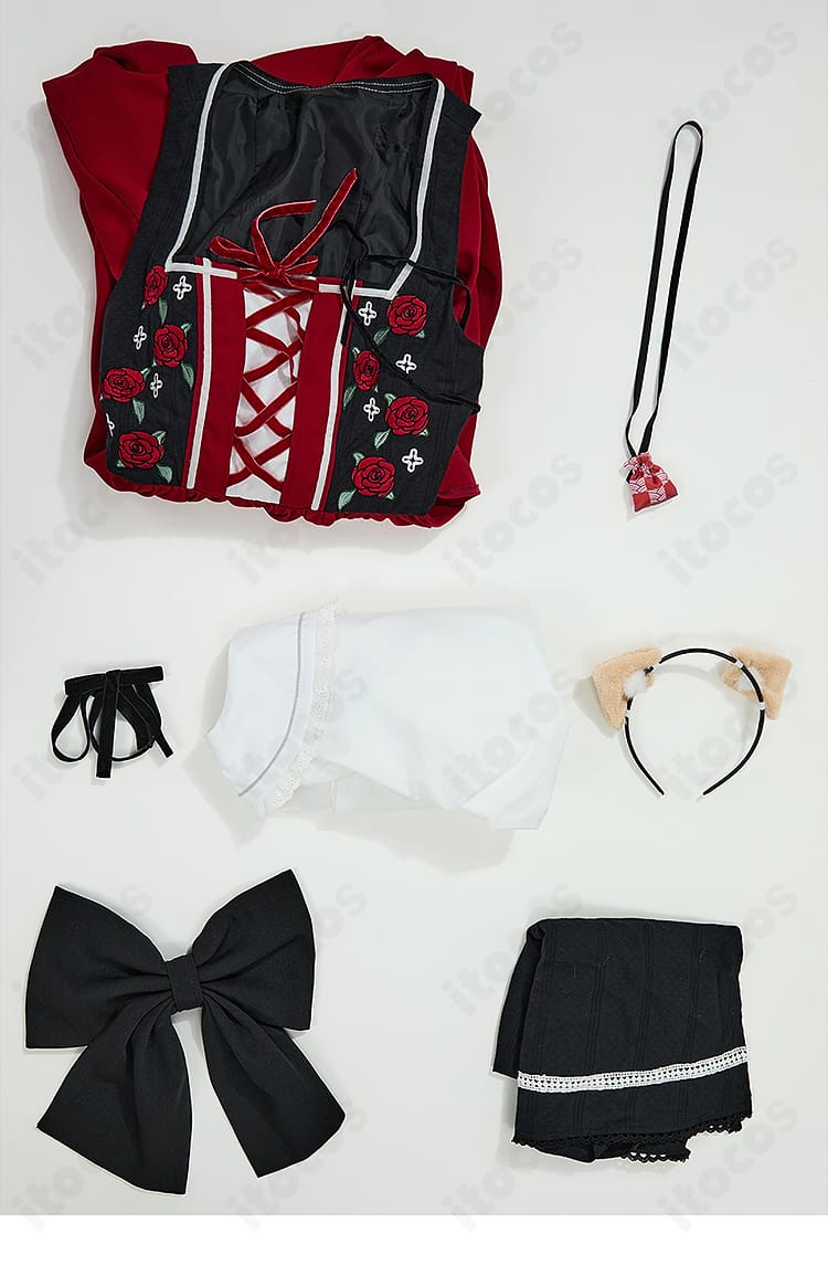 ホロ アルザス民族衣装のセット内容一式。ワンピース、シャツ、エプロン、カチューシャ、髪飾り、尻尾、匂い袋を並べた画像。
