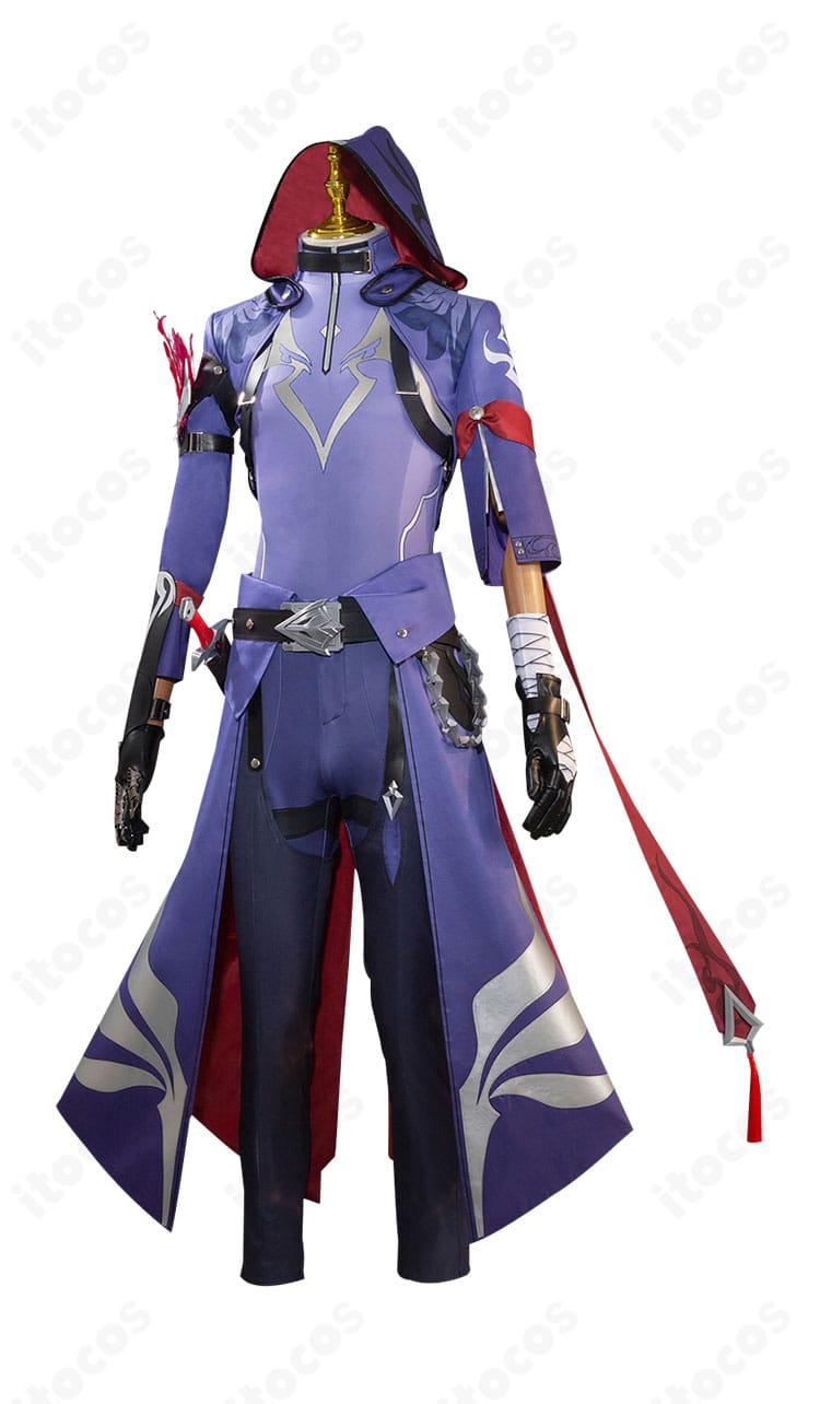 モゼ コスプレ衣装の側面ビュー。肩飾りとオーバースカートのレイヤー、シルエットの立体感を確認できる画像。