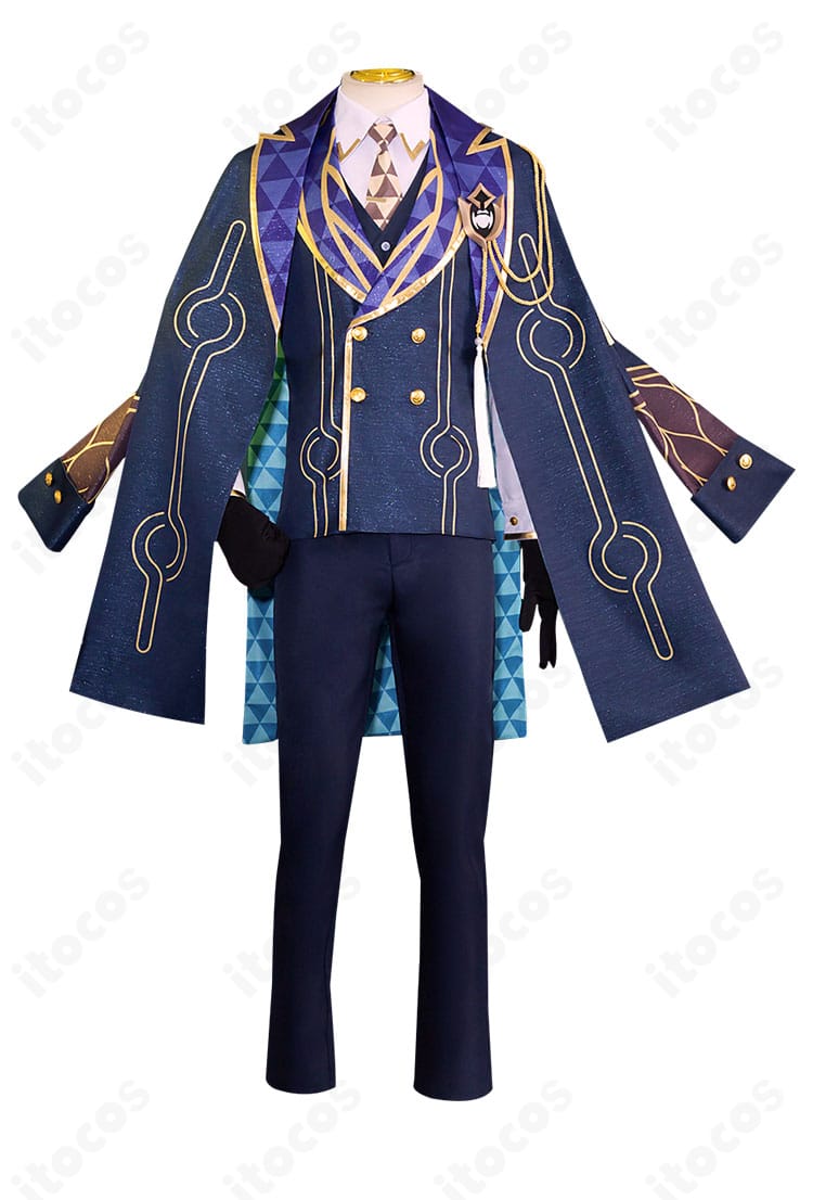 アベンチュリン衣装のコート・ベスト・シャツ正面ディテール。刺繍とメタル装飾の質感がわかる近接カット。