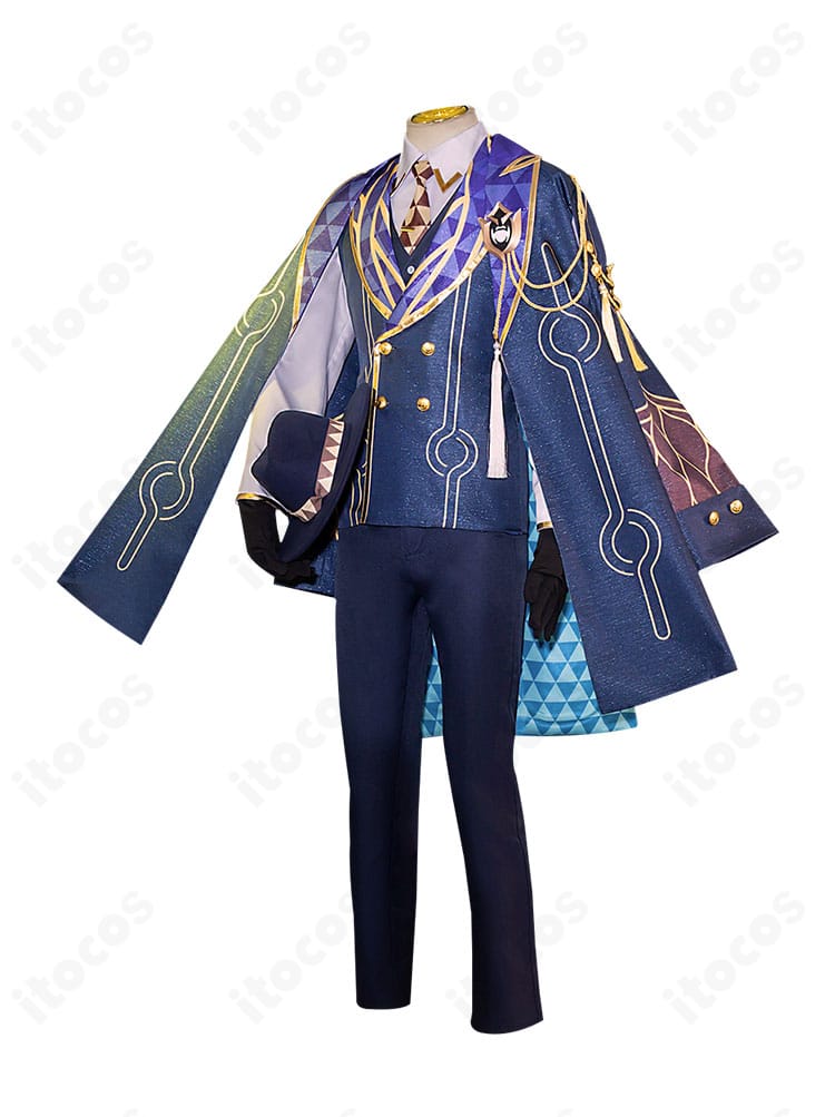 アベンチュリン衣装の側面シルエット。マントの落ち感とスーツの立体裁断を確認できる画像。