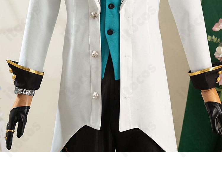 アベンチュリン衣装の門襟装飾アップ。刺繍と装飾パーツの質感を示すクローズアップ