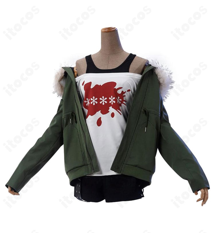 ペルソナ5 佐倉双葉 私服コスプレ衣装の前面図。コート、トップス、ショートパンツ、ベルトの配置と質感がわかる画像。