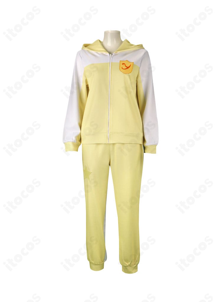 鮮やかなイエローのジャージ正面ディテール。はっきりした色味と前身頃のライン構成を強調