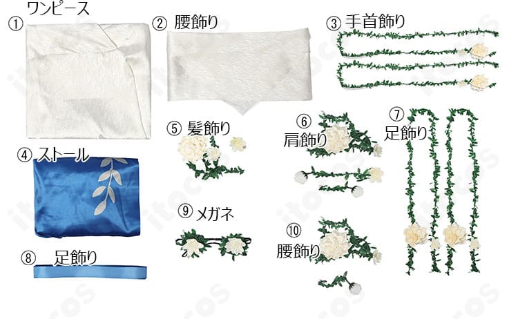 セット内容一式の写真。ワンピース、腰飾り、手首飾り、ストール、髪飾り、肩飾り、足飾り、メガネが揃うフルセット。