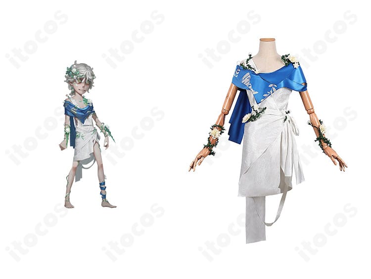 第五人格 患者エミール「湖中の姿」コスプレ衣装の正面とキャライメージを並置した写真。刺繍と花飾りを含む高再現モデル。