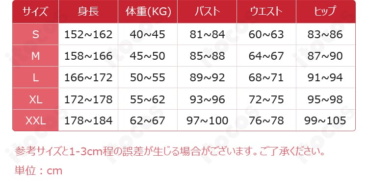 清潔な翼コスプレ衣装のサイズ表画像。S・M・L・XLの寸法が確認できるデータ。
