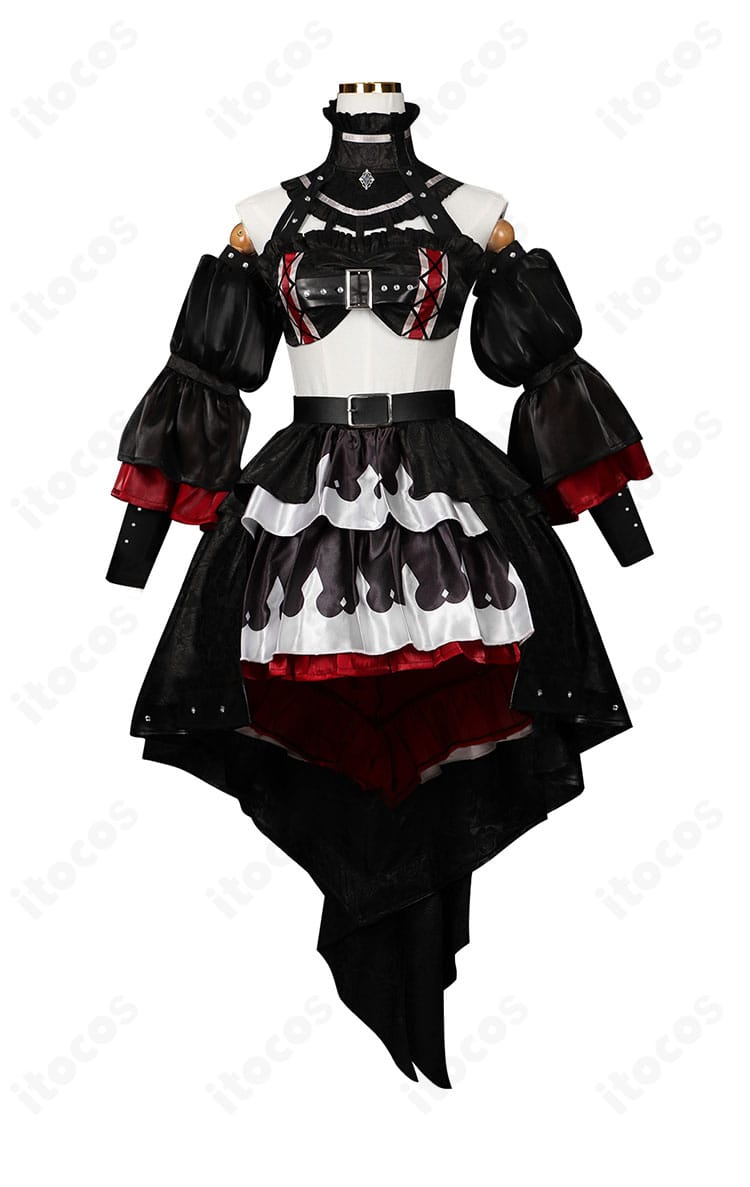 魔王コスプレ衣装の正面詳細。襟元の装飾や縁取り、ウエストラインまで細部の意匠を確認できる画像。