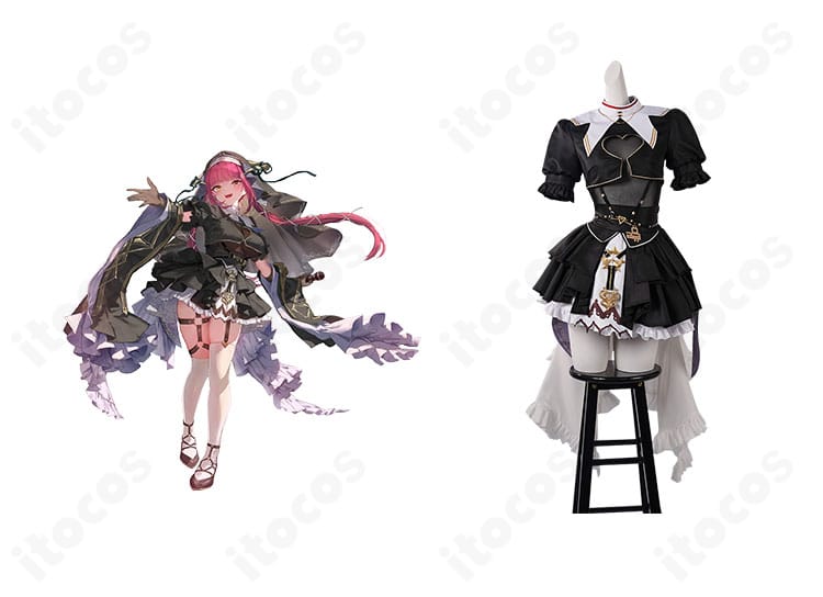 ホロライブ 宝鐘マリン 1stライブ衣装の正面全体とキャラクターイラストを並置した紹介画像