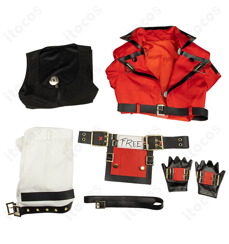 ソル=バッドガイ コスプレ衣装のセット内容一覧。コート、トップス、ズボン、ベルト、腰飾り、手袋のフルセットを配置した画像。