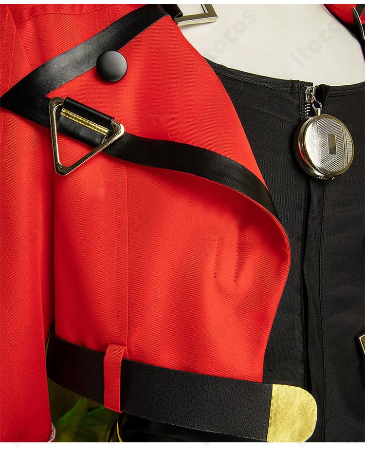 ソル=バッドガイ衣装の襟元ディテール。縁取りと装飾の精密さ、ステッチワークを強調したクローズアップ。