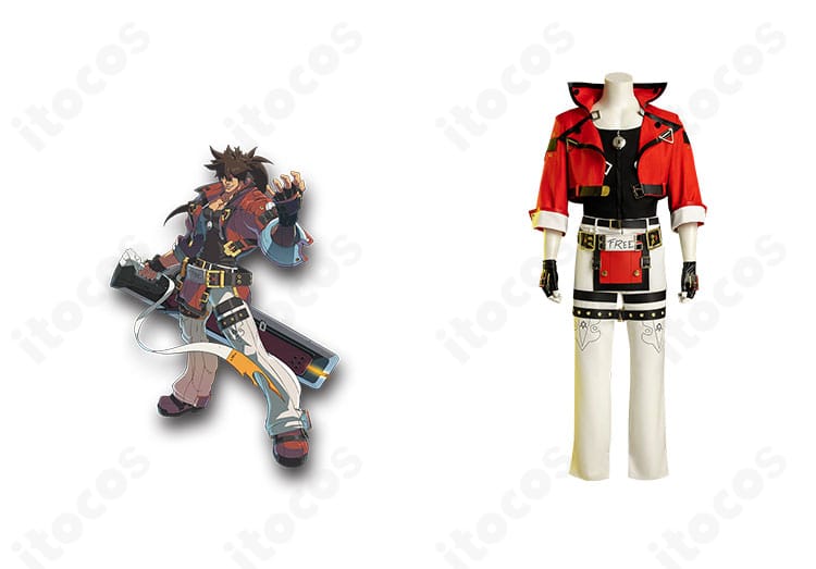 ギルティギア ストライヴ ソル=バッドガイのコスプレ衣装・正面全身。赤黒の配色とベルト装飾を高再現したディテールが確認できます。