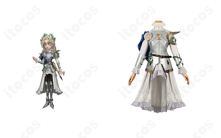 商品正面とキャラクターのコラボイメージ｜第五人格 心理学者 エダ・メスマー 銀の騎士 コスプレ衣装の全体像