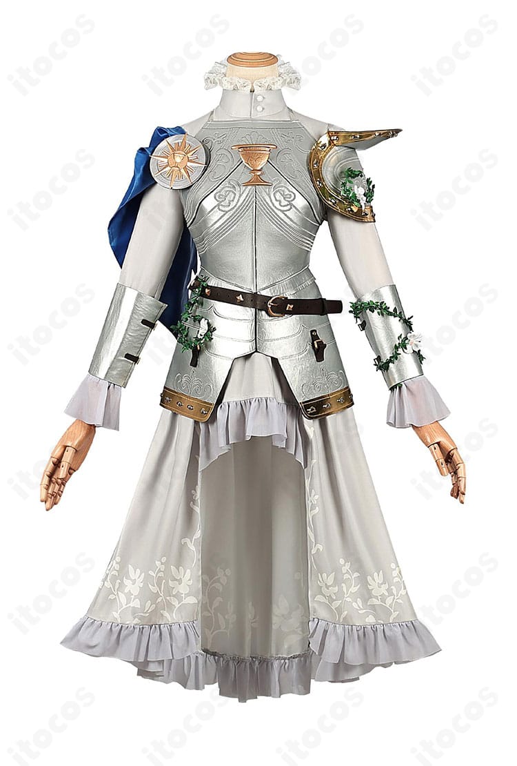 商品正面画像｜銀の騎士コスプレ衣装のベストとワンピース、胸元装飾のディテール